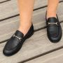 Manfield Dames Zwarte leren loafers met goudkleurig detail - Thumbnail 4