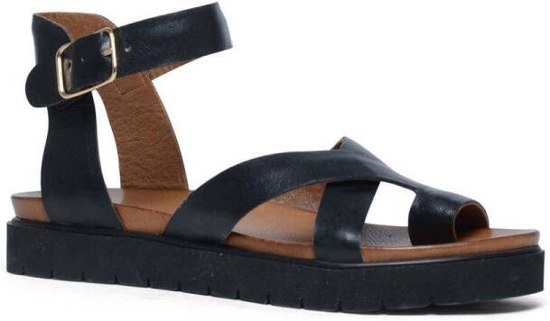 Manfield Dames Zwarte leren plateau sandalen met gespsluiting