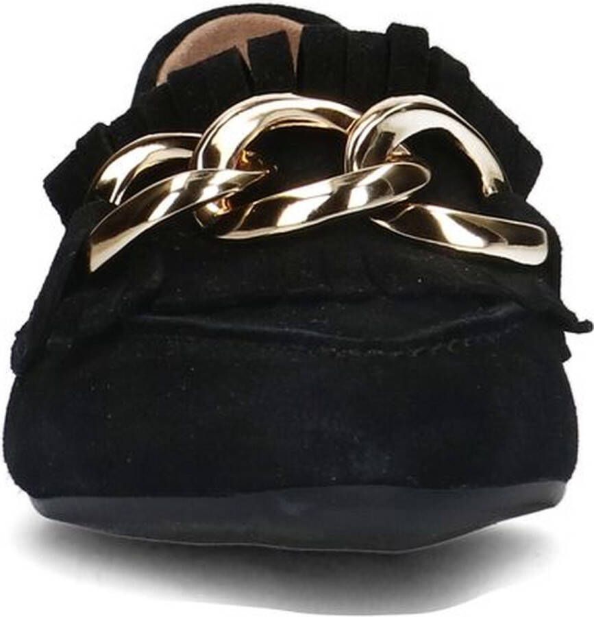 Manfield Dames Zwarte suède loafers met goudkleurige chain - Foto 5