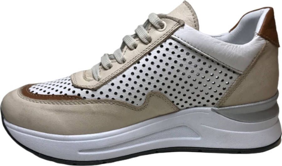 manlisa veter rits geperforeerde lederen zomer comfort sneakers S247-1705 wit beige combi