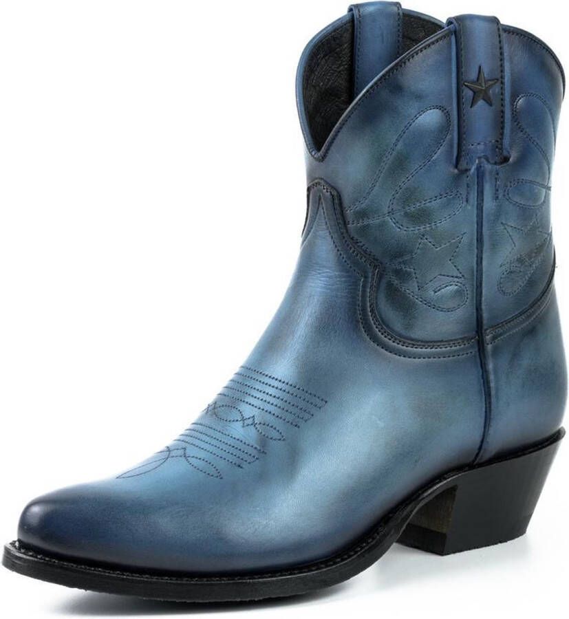 Mayura Boots 2374 Vintage Blauw Dames Cowboy fashion Enkellaars Spitse Neus Western Hak Echt Leer
