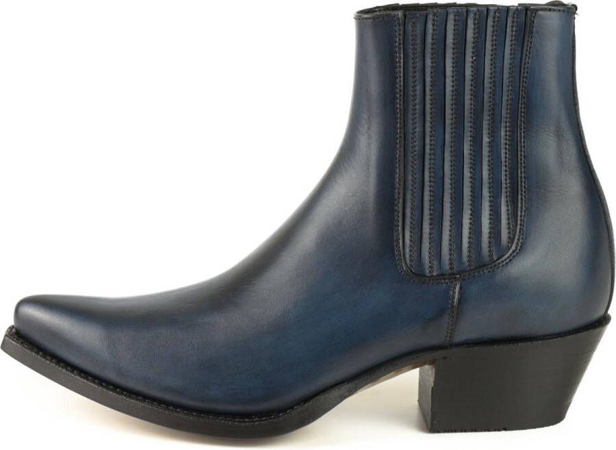 Mayura Boots 2496 Marine Blauw Spitse Western Enkellaars Dames Schuine Hak Elastiek Sluiting Glad Leer