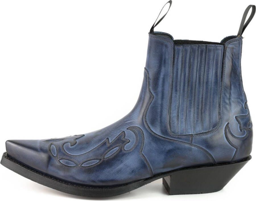 Mayura Boots Austin 1931 Blauw Spitse Western Heren Enkellaars Schuine Hak Elastiek Sluiting Vintage Look