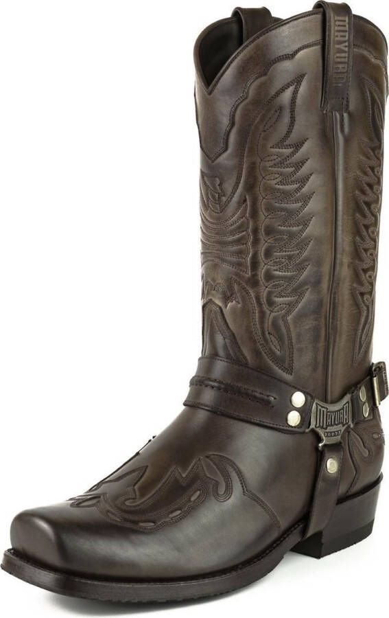 Mayura Boots Indian 2471 Bruin Cowboy Biker Laarzen Heren Vierkante Neus Platte Hak Afneembaar Spoor Echt Leer