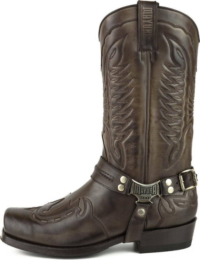 Mayura Boots Indian 2471 Bruin Cowboy Biker Laarzen Heren Vierkante Neus Platte Hak Afneembaar Spoor Echt Leer