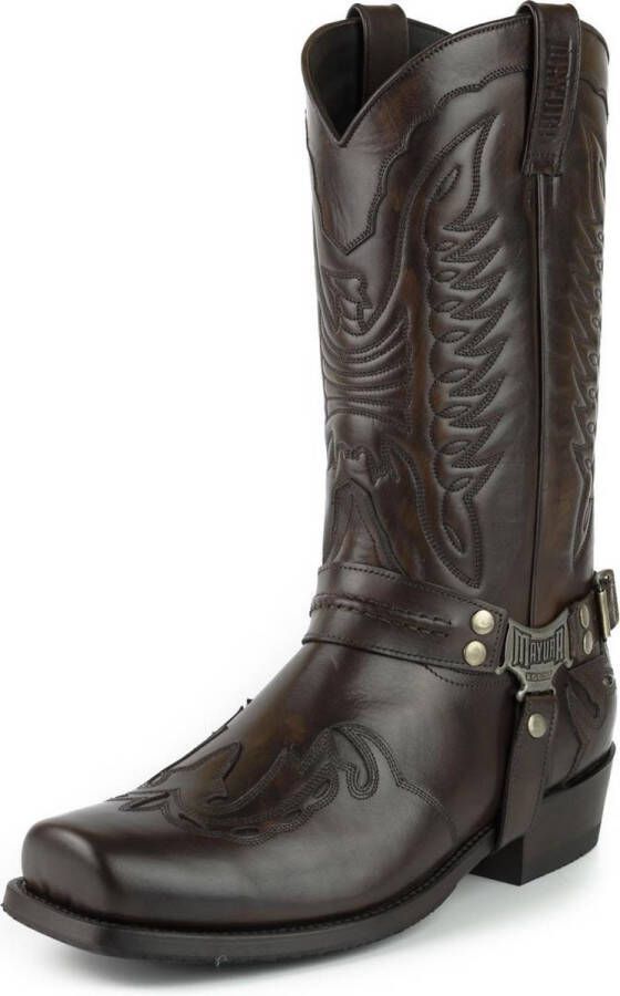 Mayura Boots Indian 2471 Kastanje Cowboy Biker Laarzen Heren Vierkante Neus Platte Hak Afneembaar Spoor Echt Leer