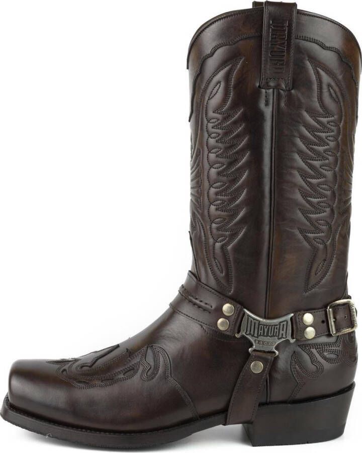 Mayura Boots Indian 2471 Kastanje Cowboy Biker Laarzen Heren Vierkante Neus Platte Hak Afneembaar Spoor Echt Leer