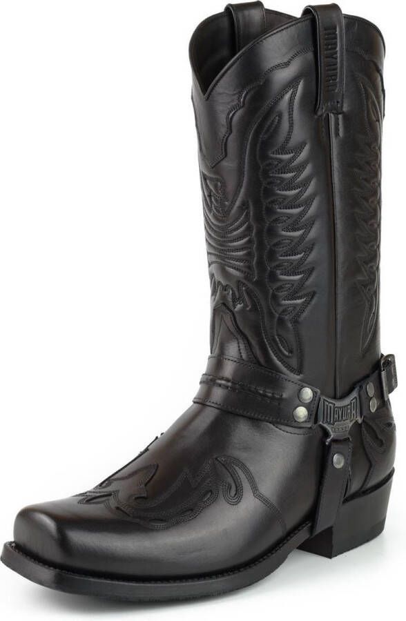 Mayura Boots Indian 2471 Zwart Cowboy Biker Laarzen Heren Vierkante Neus Platte Hak Afneembaar Spoor Echt Leer