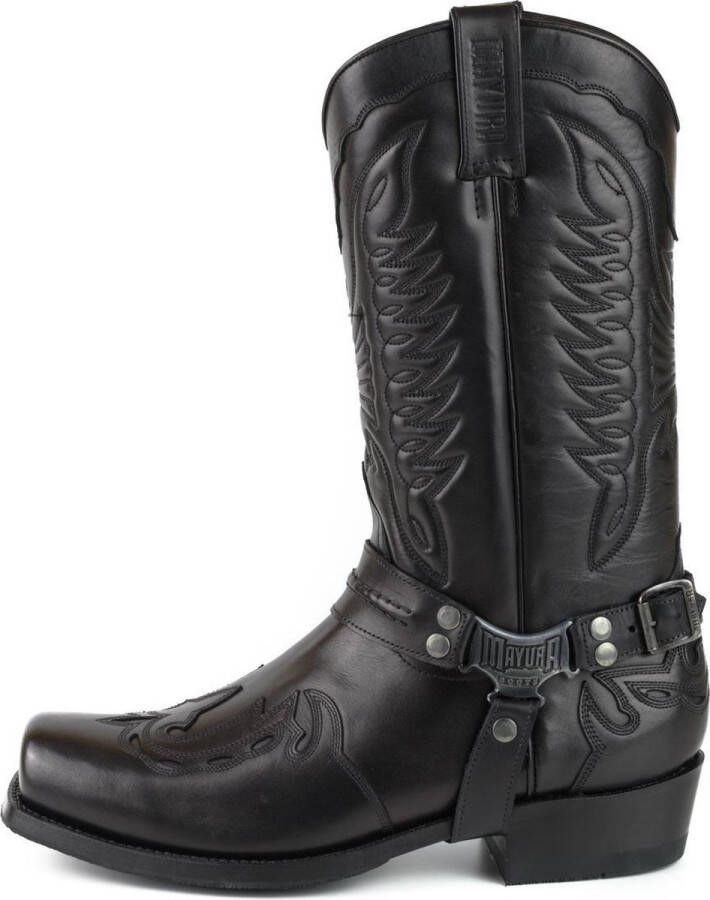 Mayura Boots Indian 2471 Zwart Cowboy Biker Laarzen Heren Vierkante Neus Platte Hak Afneembaar Spoor Echt Leer