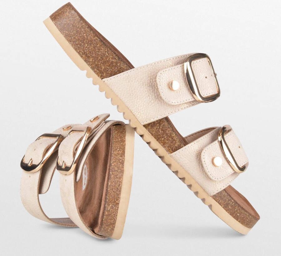 PS Poelman CURA Dames Faux PU Imitatie Leren Sandalen met Gespen Metallic Licht Beige