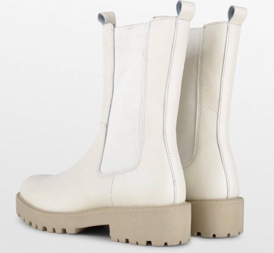 PS Poelman Dames BOND Leren Chunky Instappers Chelsea Enkellaarzen met Profielzool en Elastiek Wit Crème