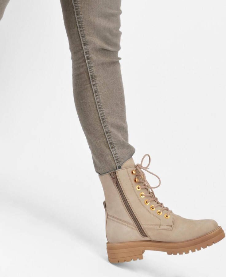 PS Poelman Dames MINK Suède Leren Nubuck Veter Laarzen met Stoere Profielzool en Gouden Details Beige Taupe