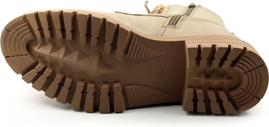 PS Poelman Dames MINK Suède Leren Nubuck Veter Laarzen met Stoere Profielzool en Gouden Details Beige Taupe