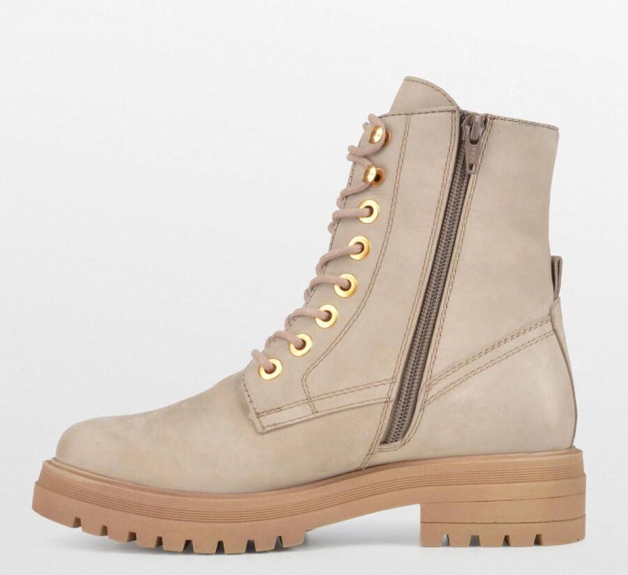 PS Poelman Dames MINK Suède Leren Nubuck Veter Laarzen met Stoere Profielzool en Gouden Details Beige Taupe