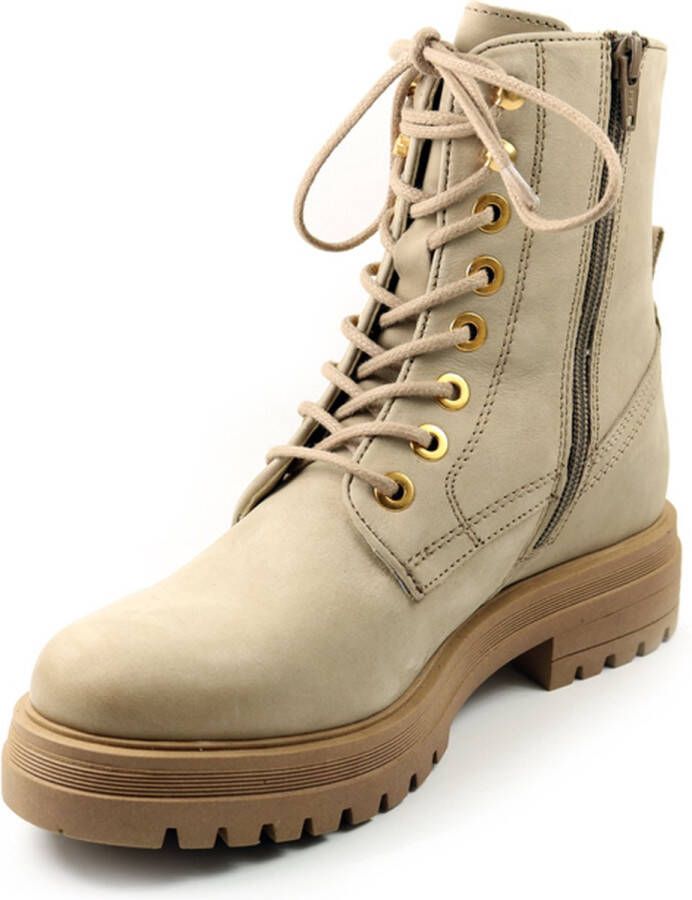 PS Poelman Dames MINK Suède Leren Nubuck Veter Laarzen met Stoere Profielzool en Gouden Details Beige Taupe