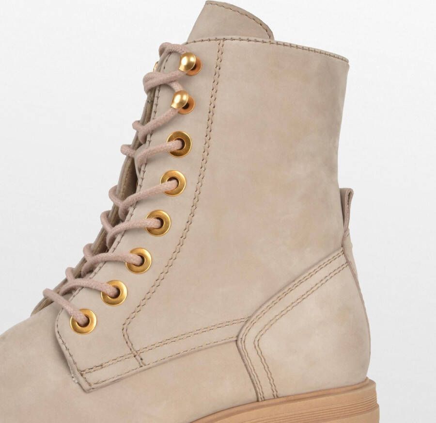 PS Poelman Dames MINK Suède Leren Nubuck Veter Laarzen met Stoere Profielzool en Gouden Details Beige Taupe