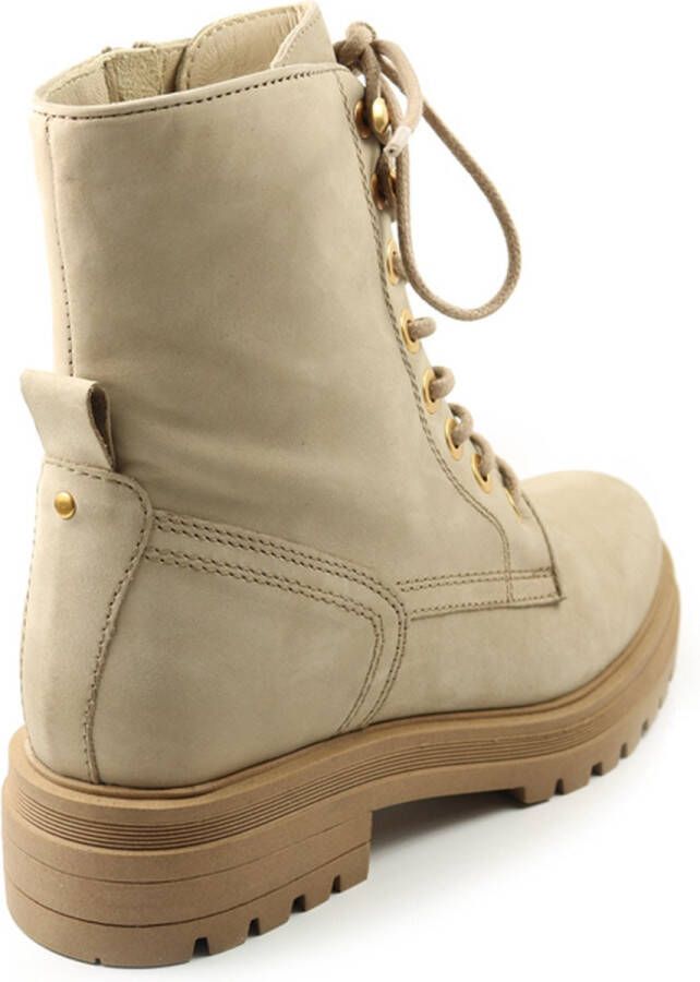 PS Poelman Dames MINK Suède Leren Nubuck Veter Laarzen met Stoere Profielzool en Gouden Details Beige Taupe