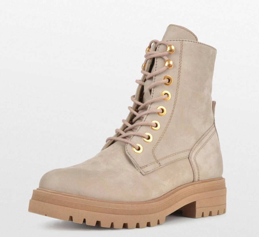 PS Poelman Dames MINK Suède Leren Nubuck Veter Laarzen met Stoere Profielzool en Gouden Details Beige Taupe