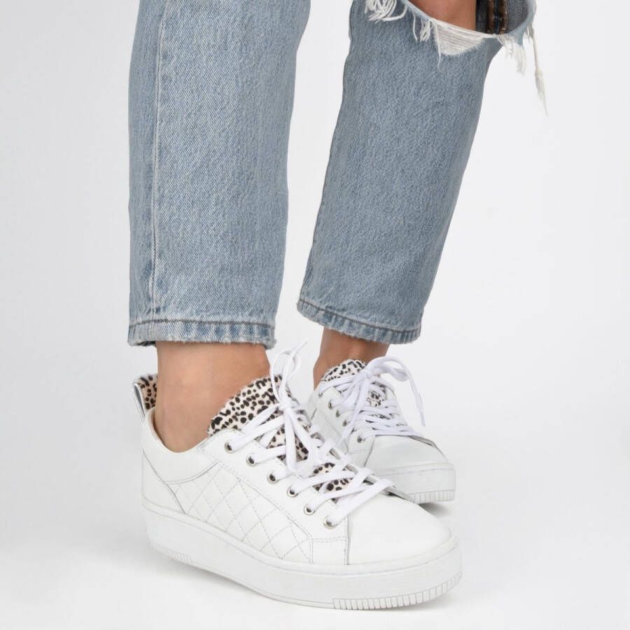 PS Poelman Esquimo Dames Quilted Leren Tennis Sneakers met Leopard Print Wit