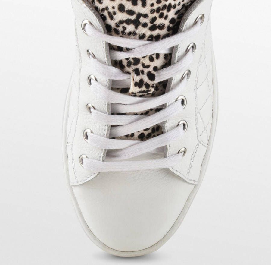 PS Poelman Esquimo Dames Quilted Leren Tennis Sneakers met Leopard Print Wit