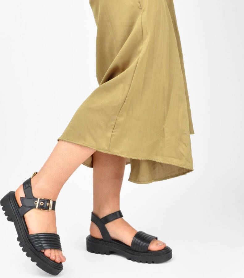 PS Poelman SATURNOS Dames Leren Chunky Plateau Sandalen met Gouden Details Zwart - Foto 3
