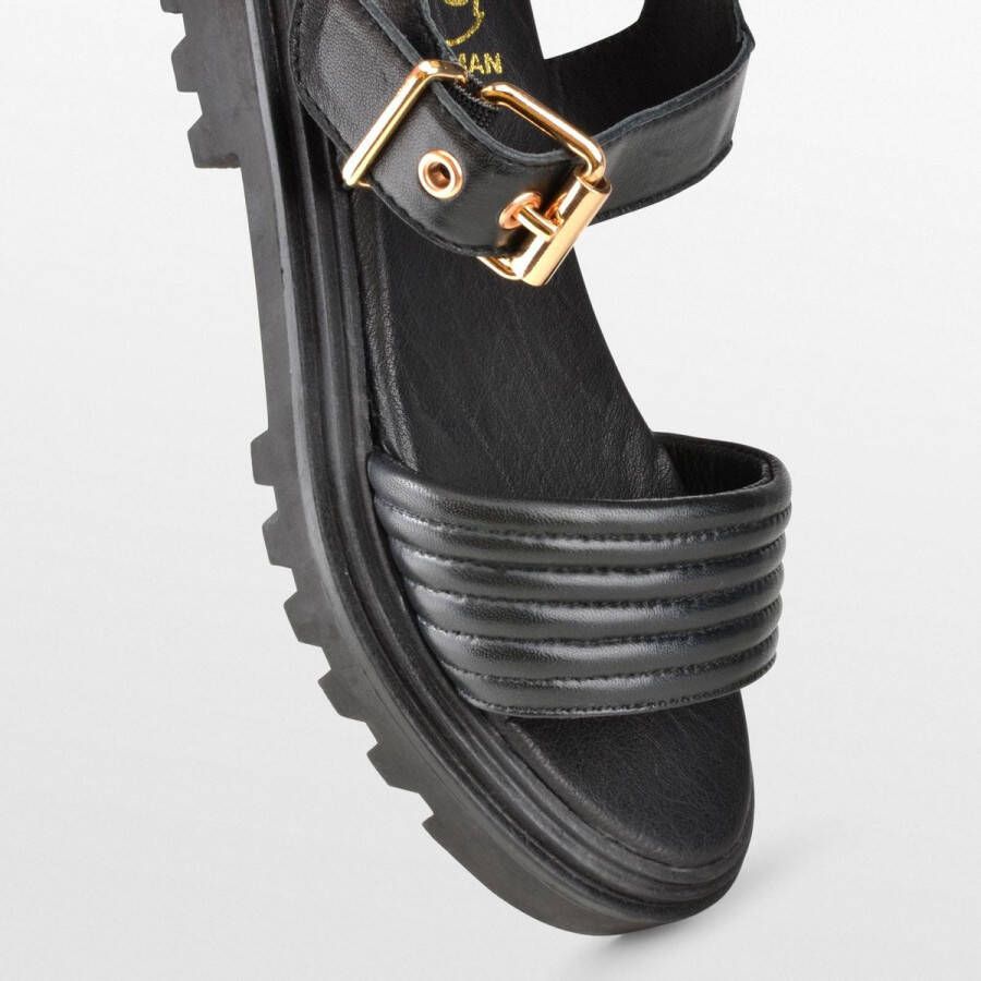 PS Poelman SATURNOS Dames Leren Chunky Plateau Sandalen met Gouden Details Zwart - Foto 8