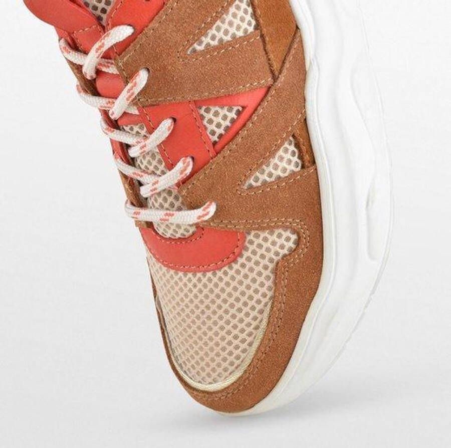 PS Poelman Year Dames Leren Chunky Runner Sneaker van Mesh en Suéde Bruin Beige Rood - Foto 4