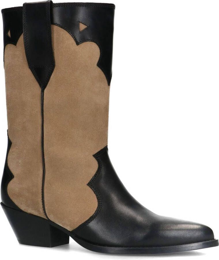 Sacha Dames Beige leren cowboylaarzen met zwarte details