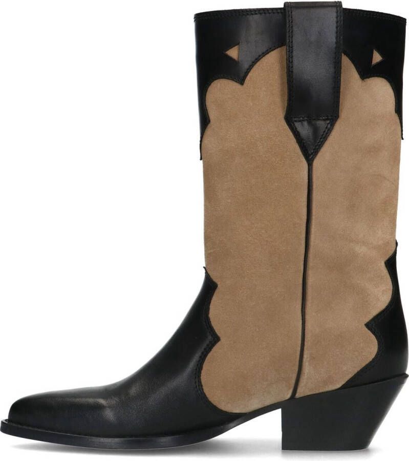 Sacha Dames Beige leren cowboylaarzen met zwarte details