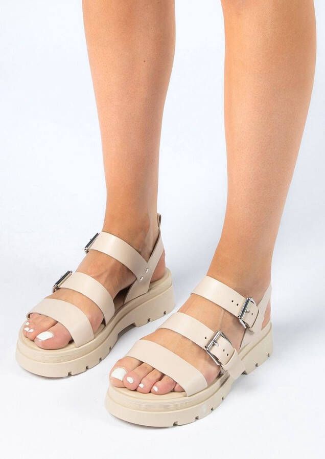 Sacha Dames Beige leren plateau sandalen met gespen - Foto 5