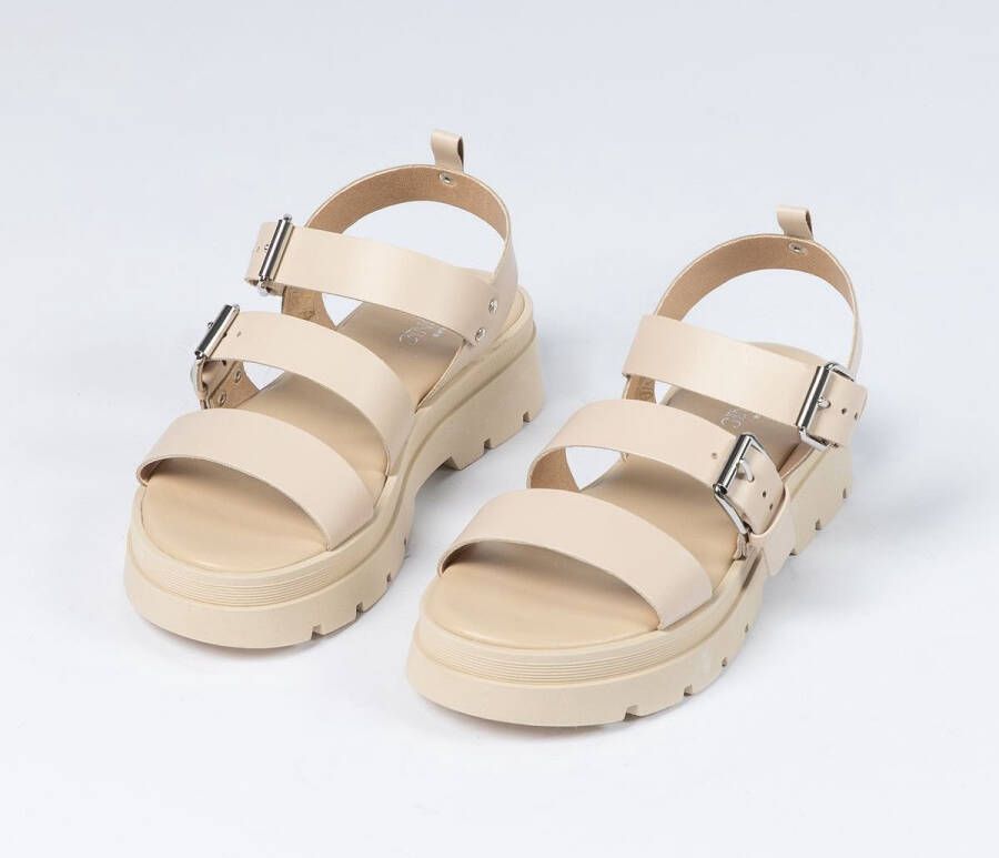 Sacha Dames Beige leren plateau sandalen met gespen - Foto 6