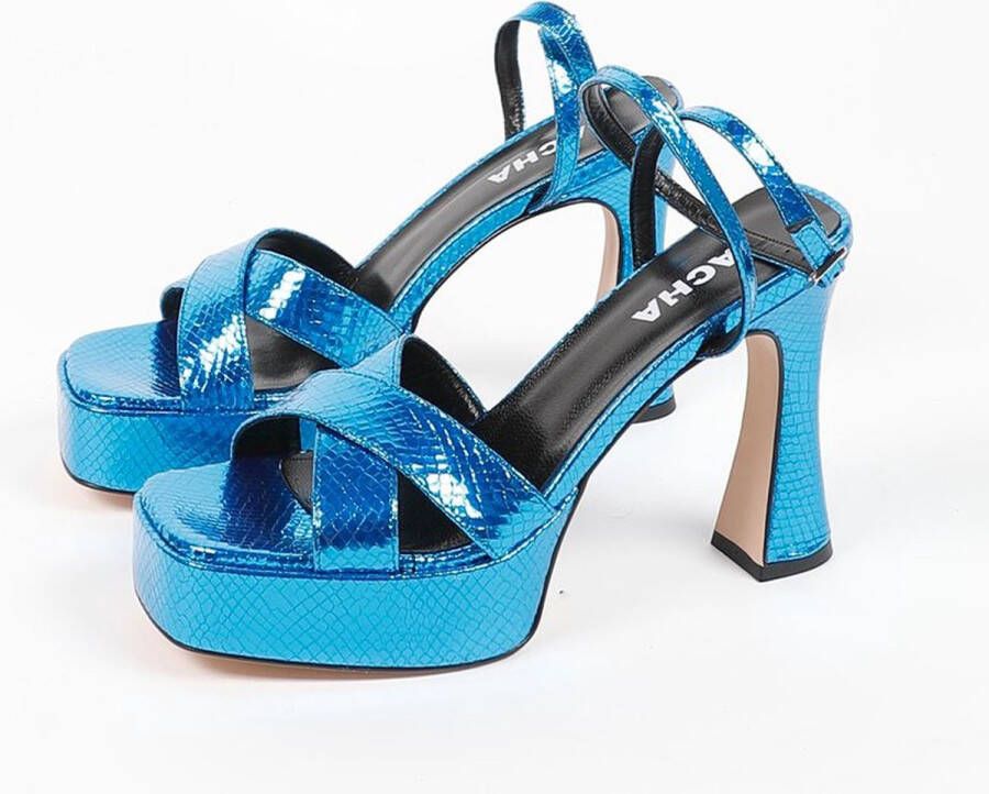 Sacha Dames Blauwe metallic platform sandalen met hak