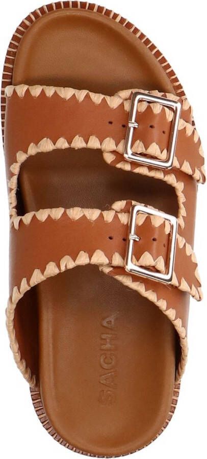 Sacha Dames Camel leren slippers met gespen