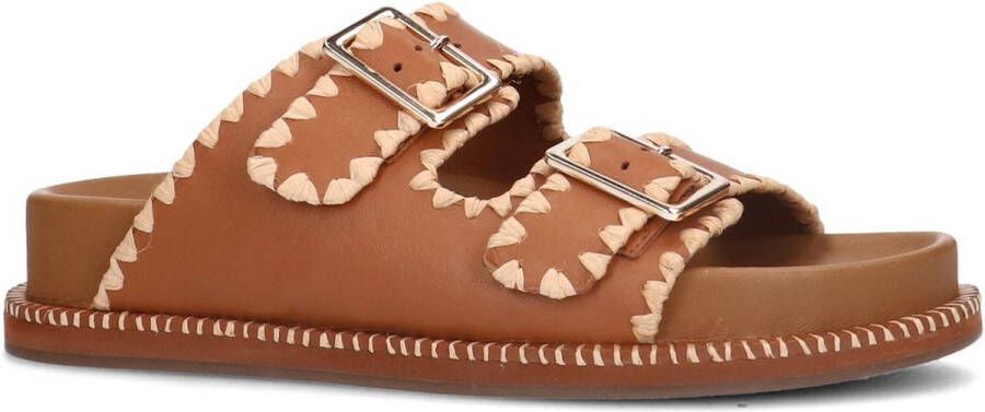 Sacha Dames Camel leren slippers met gespen