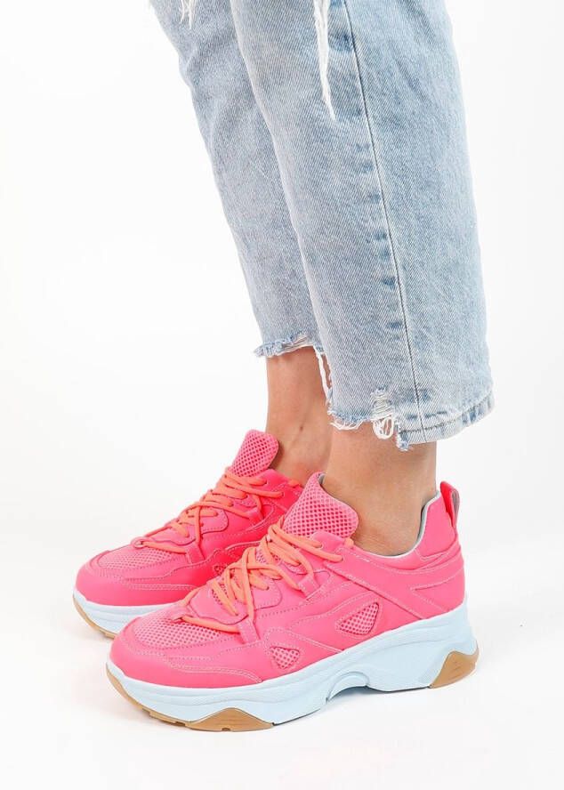 Sacha Dames Roze leren platform sneakers met lichtblauwe zool - Foto 6