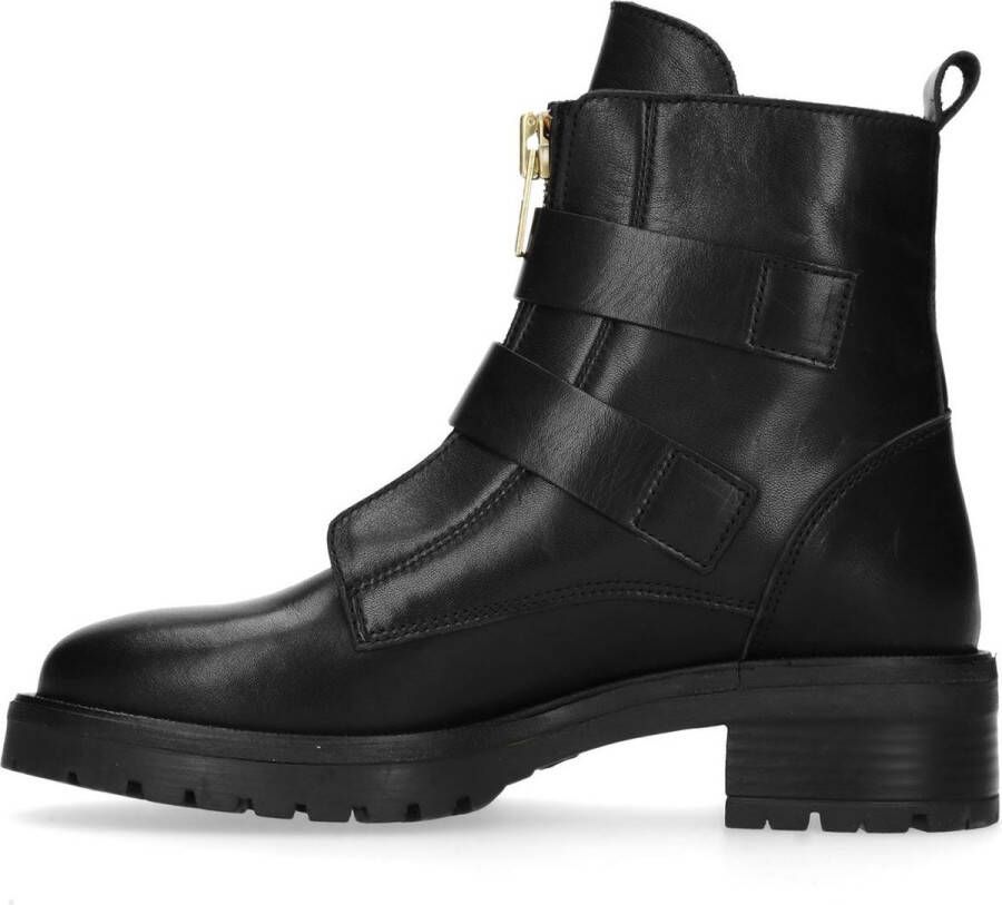 Sacha Dames Zwarte biker boots met goudkleurige gespen