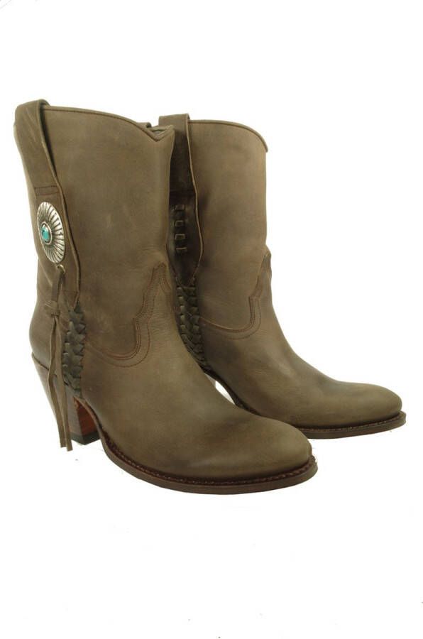 Sendra Boots 10748 Laly Donker Taupe Handgemaakt GoodYear Welted Dames Enkellaars Schuine Hoge Hak Ronde Neus Concho Turquoise Vlechtwerk Echt Leer - Foto 8