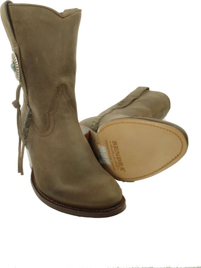 Sendra Boots 10748 Laly Donker Taupe Handgemaakt GoodYear Welted Dames Enkellaars Schuine Hoge Hak Ronde Neus Concho Turquoise Vlechtwerk Echt Leer - Foto 5