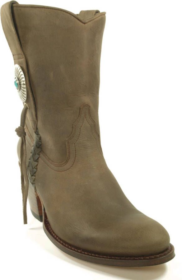 Sendra Boots 10748 Laly Donker Taupe Handgemaakt GoodYear Welted Dames Enkellaars Schuine Hoge Hak Ronde Neus Concho Turquoise Vlechtwerk Echt Leer - Foto 7