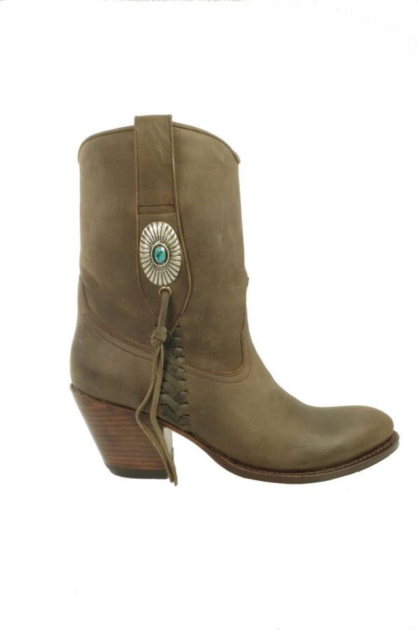 Sendra Boots 10748 Laly Donker Taupe Handgemaakt GoodYear Welted Dames Enkellaars Schuine Hoge Hak Ronde Neus Concho Turquoise Vlechtwerk Echt Leer - Foto 9