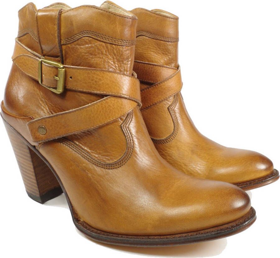 Sendra Boots 11346 Bruin Sarina Dames Enkellaars Ronde Neus Hoge Hak Vast Sierriem Ritssluiting Handgemaakt Echt Leer