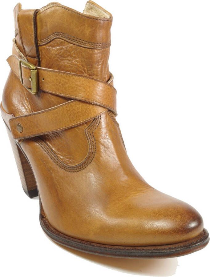 Sendra Boots 11346 Bruin Sarina Dames Enkellaars Ronde Neus Hoge Hak Vast Sierriem Ritssluiting Handgemaakt Echt Leer