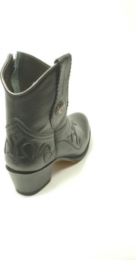 Sendra Boots 14399 Debora Zwart Handgemaakte Dames Cowboy Ibiza Enkelaars Ronde Neus Beetje Schuine Hak Ritssluiting Western Versiering Echt Leer