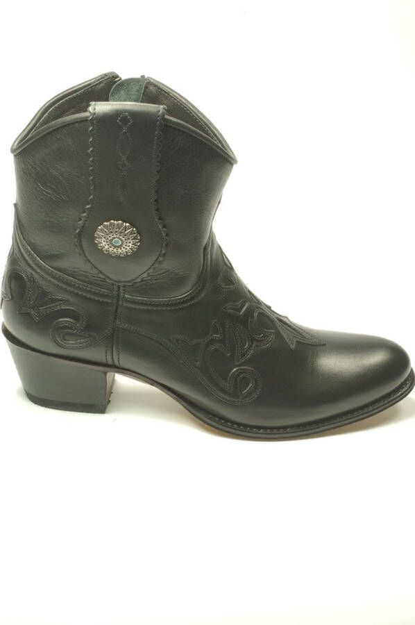 Sendra Boots 14399 Debora Zwart Handgemaakte Dames Cowboy Ibiza Enkelaars Ronde Neus Beetje Schuine Hak Ritssluiting Western Versiering Echt Leer