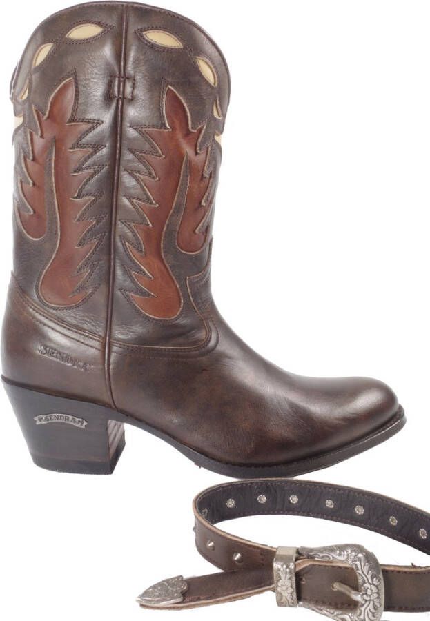 Sendra boots 15253 Debora Bruin Handgemaakt Dames Half Kuit Hoge Western Ibiza Laarzen Ronde Neus Beetje Schuine Hoge Hak Echt Leer