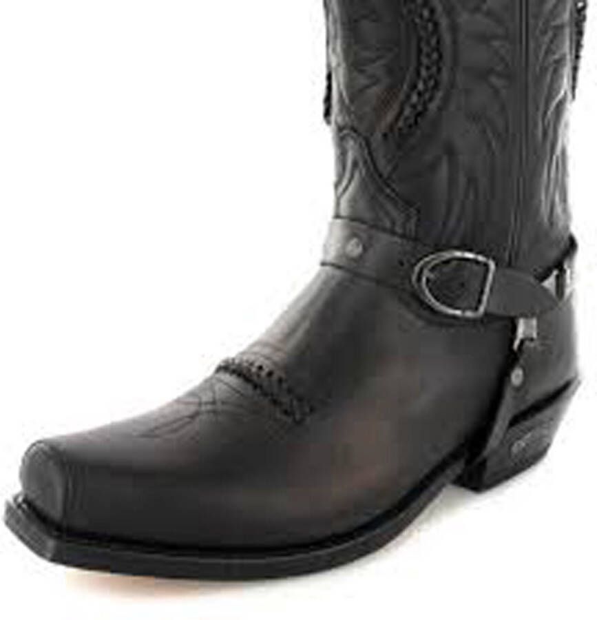 Sendra Boots 3434 Sam Zwart Handgemaakt Kuit Hoge Unisex Biker Western Laarzen Vierkante Neus Beetje Schuine Hak Siervlechtwerk Echt Leer