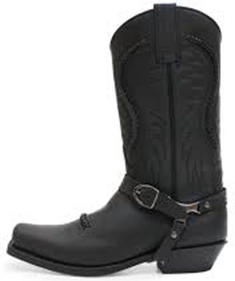 Sendra Boots 3434 Sam Zwart Handgemaakt Kuit Hoge Unisex Biker Western Laarzen Vierkante Neus Beetje Schuine Hak Siervlechtwerk Echt Leer
