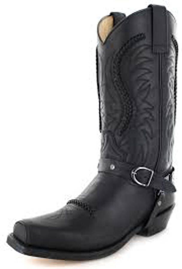 Sendra Boots 3434 Sam Zwart Handgemaakt Kuit Hoge Unisex Biker Western Laarzen Vierkante Neus Beetje Schuine Hak Siervlechtwerk Echt Leer