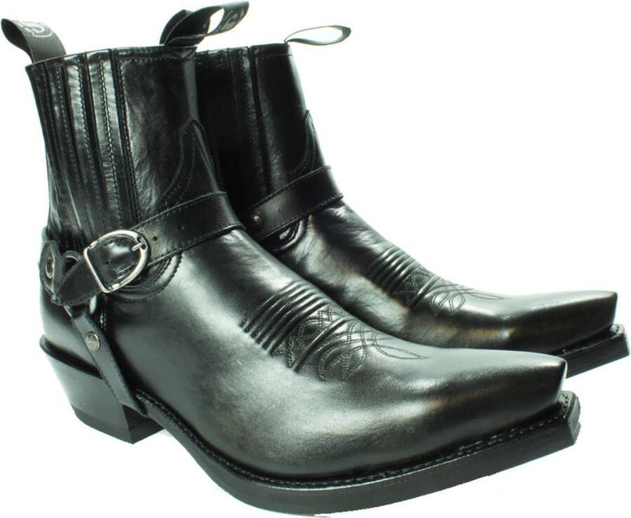 Sendra Boots 4674 Hilux Zwart Cowboy Western Korte Laarzen Heren Enkellaars Spitse Neus Beetje Schuine Hak Elastiek Sluiting Afneembaar Sierspoor Goodyear Welted Echt Leer