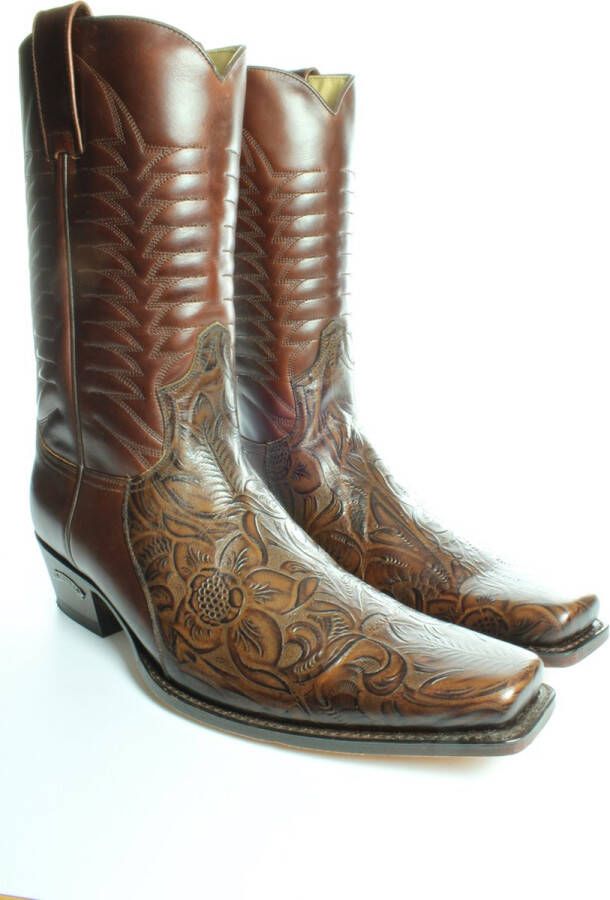 Sendra Boots 5907 Bruin Heren Cowboy Western Laarzen Handgemaakt Reliëf Bloemmotief Verkort Spitse Neus Iets Schuine Hak Rechte Schacht Pull Loops Echt Leer